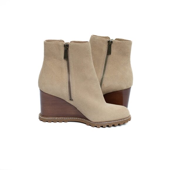 MICHAEL MICHAEL KORS Womens 7 M Beige Evelyn Round Toe Wedge Leather Booties - Picture 8 of 15